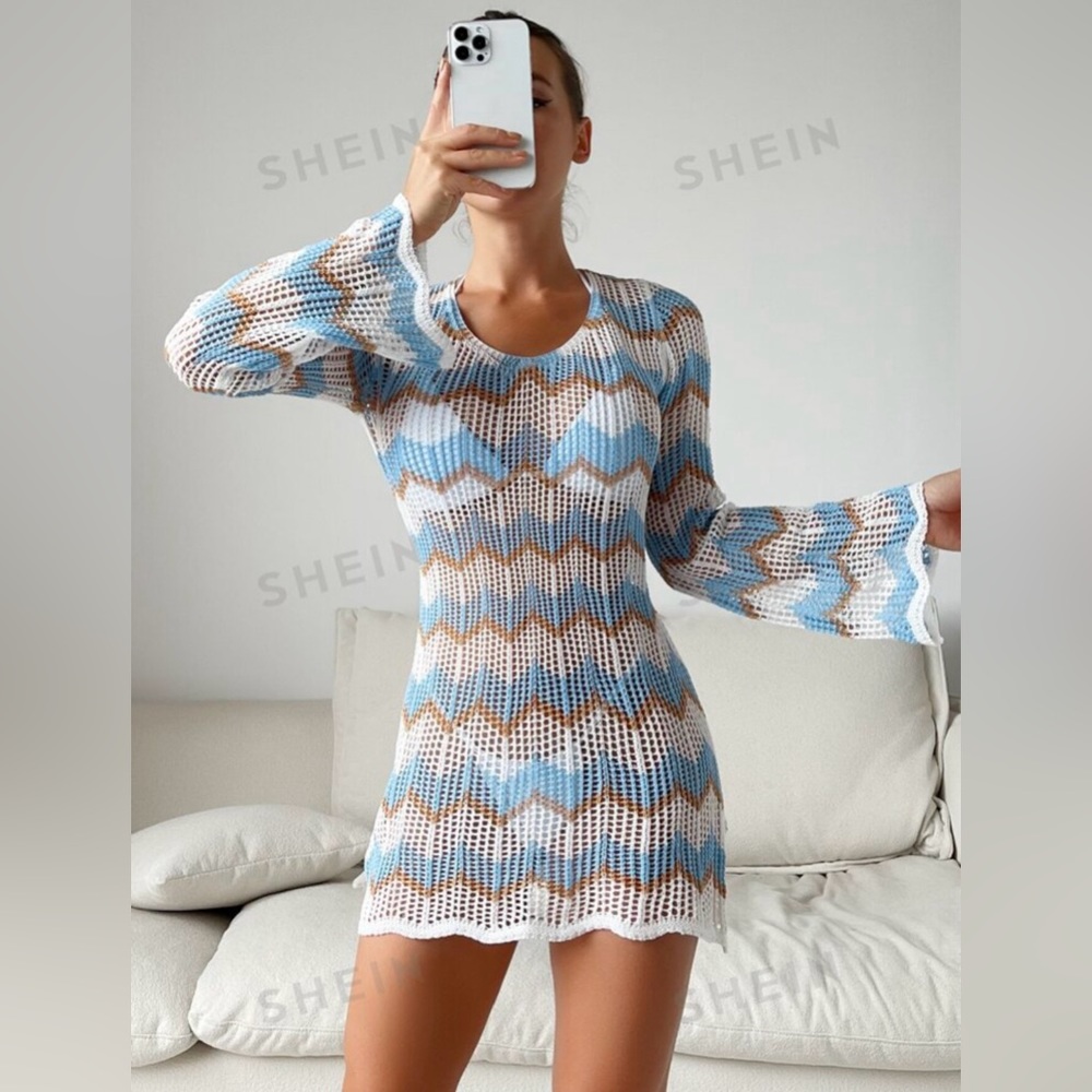 Light blue and white chevron swim coverup SHEIN large brand new